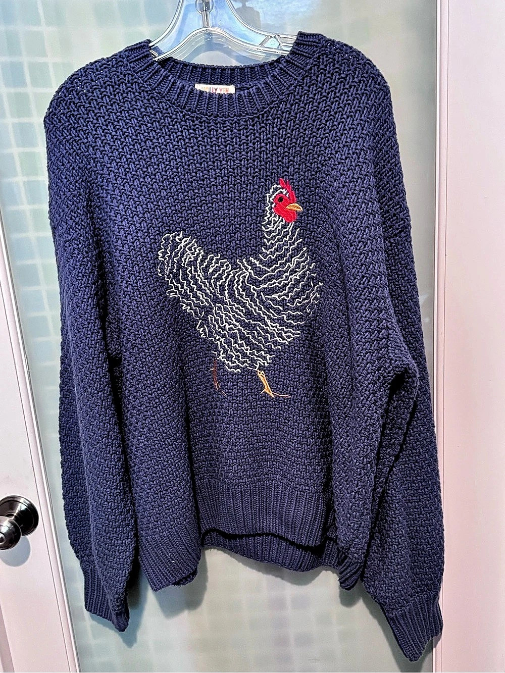 Molly Yeh Chicken Embroidered Blue Knit Crewneck Sweater